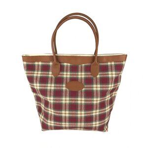 Longaberger Women Red Beige Green Plaid Inner Pocket Double Handles Tote Bag